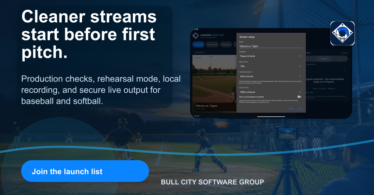 Diamond Director launch graphic with game-day field action and app screens